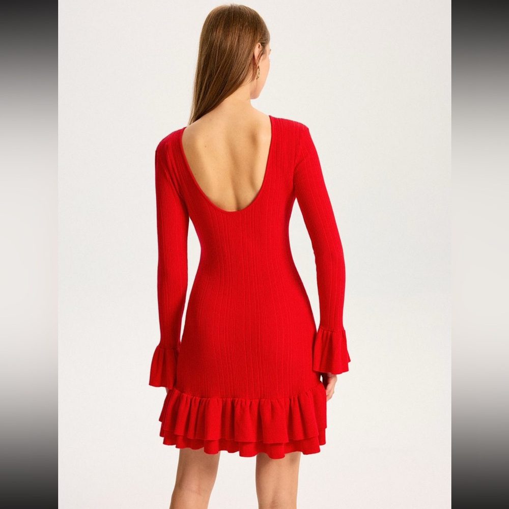 Cherry Red Ribbed Open Back Ruffled Sleeves & Hem Mini Dress